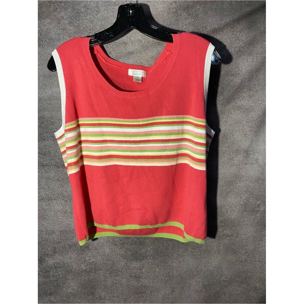 Christopher & Banks Sweater Vest Large L Coral Pink Green Striped Knit Tank Top